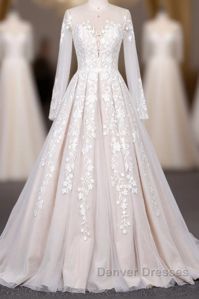Long Sleeve Appliques Lace Tulle A-line Wedding Dress Main image