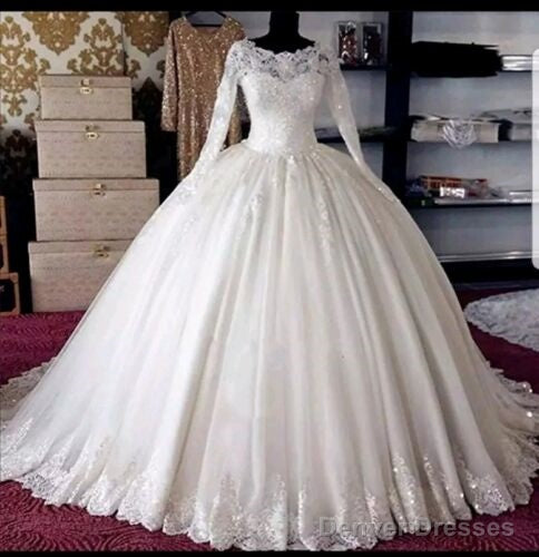 Long Sleeve Ball Gown Muslim Wedding Dress Uk Beaded Lace Bridal Wear Main image