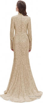 Long Sleeve Mermaid Prom Dresses Silver Sequins Trumpet