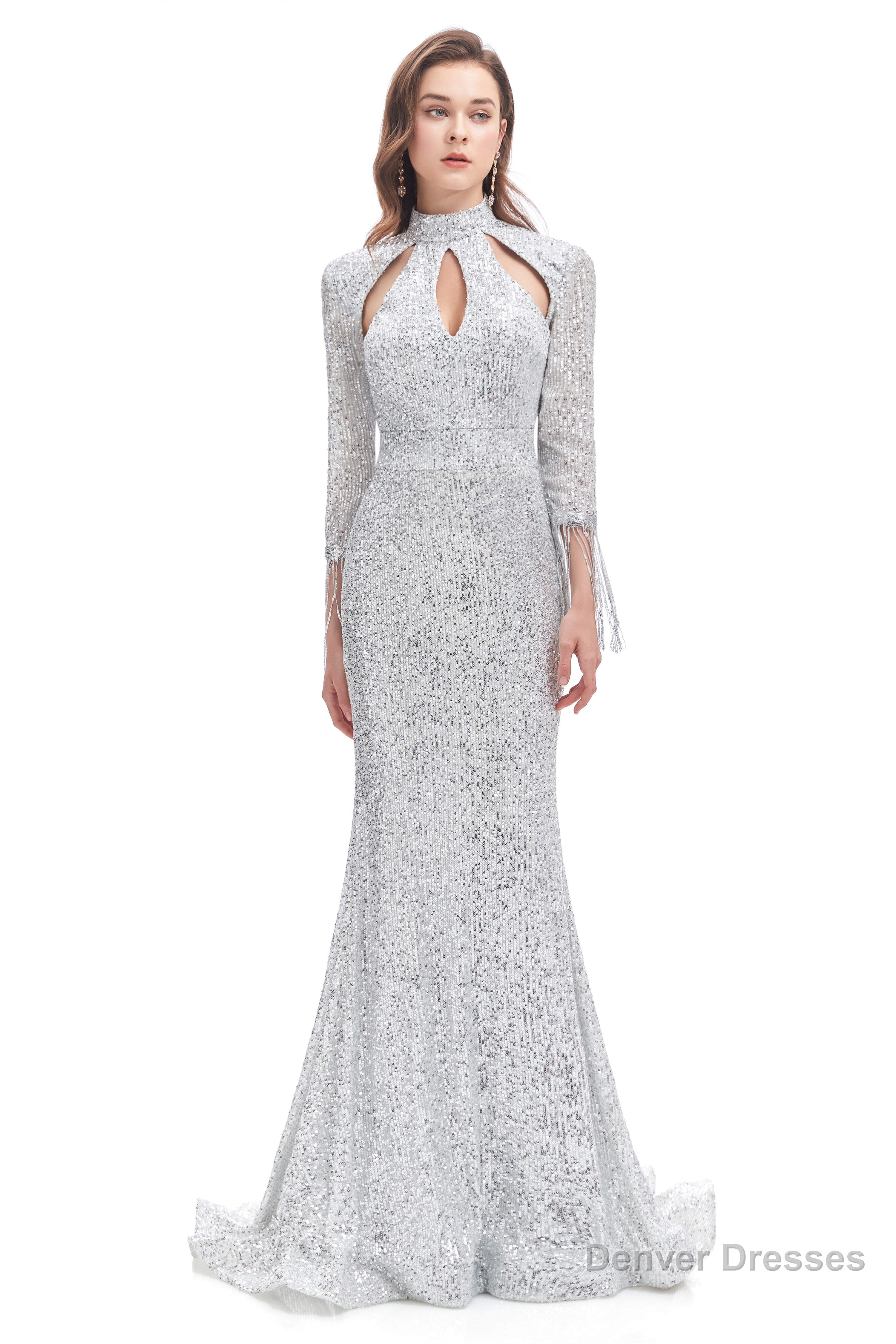 Long Sleeve Mermaid Prom Dresses Silver Sequins Trumpet Main image