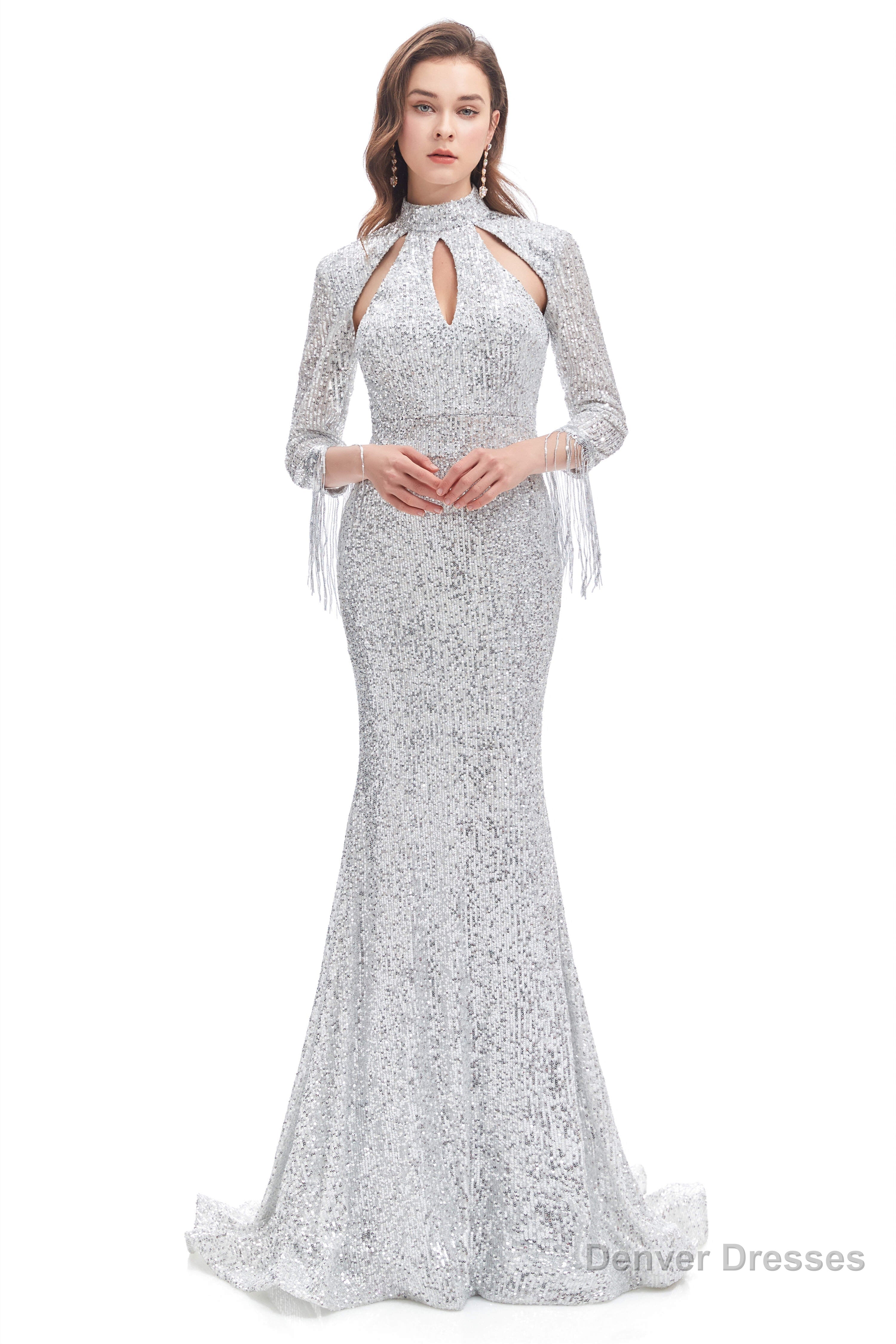 Long Sleeve Mermaid Prom Dresses Silver Sequins Trumpet Secondary image