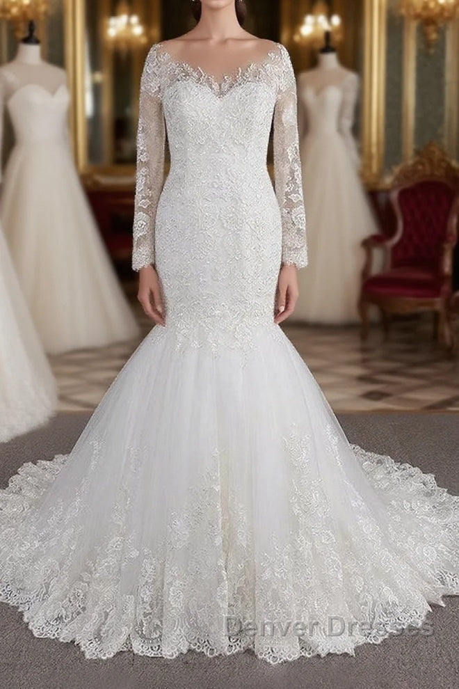 Long Sleeve Mermaid Sweetheart Appliques Lace Backless Wedding Dress Main image