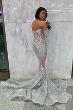 Long Sleeve Off The Shoulder Silver Black Girl Prom Dress Mermaid Sexy Illusion Beads Crystals Evening Gowns Cheap