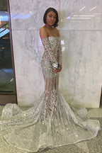 Long Sleeve Off The Shoulder Silver Black Girl Prom Dress Mermaid Sexy Illusion Beads Crystals Evening Gowns Cheap