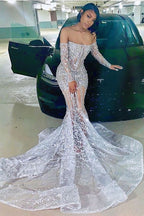 Long Sleeve Off The Shoulder Silver Black Girl Prom Dress Mermaid Sexy Illusion Beads Crystals Evening Gowns Cheap