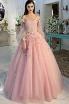 Long Sleeve Pearl Pink Off The Shoulder With Hand-made Flower Quinceanera Dress