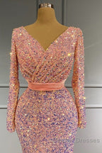 Long Sleeve Pink Mermaid Sequin Prom Dress