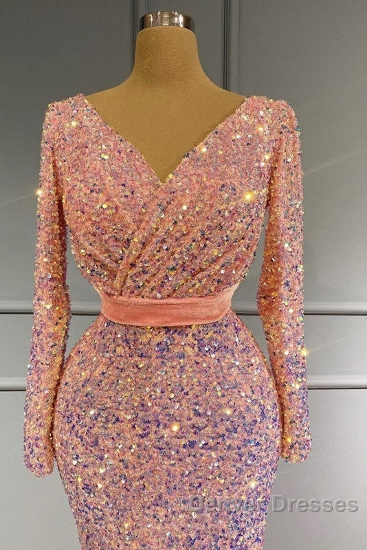 Long Sleeve Pink Mermaid Sequin Prom Dress