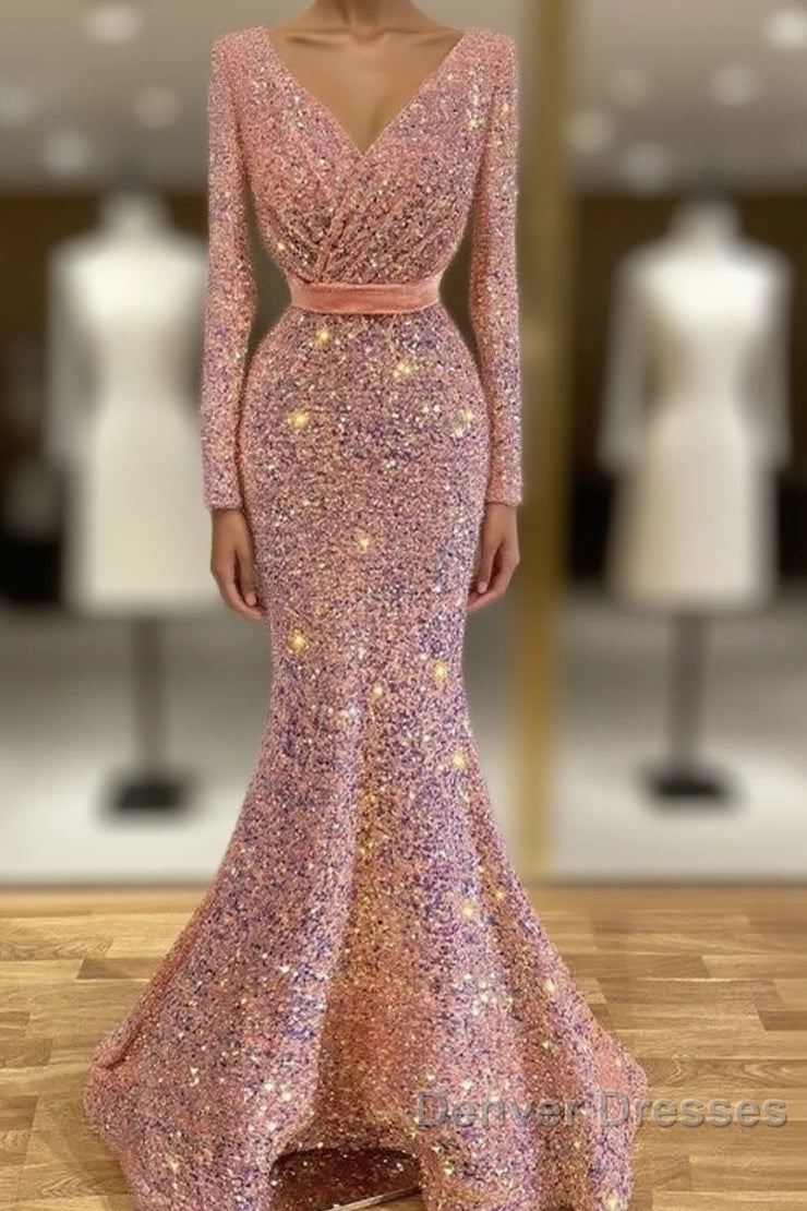 Long Sleeve Pink Mermaid Sequin Prom Dress Main image