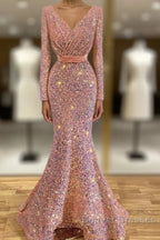 Long Sleeve Pink Mermaid Sequin Prom Dress