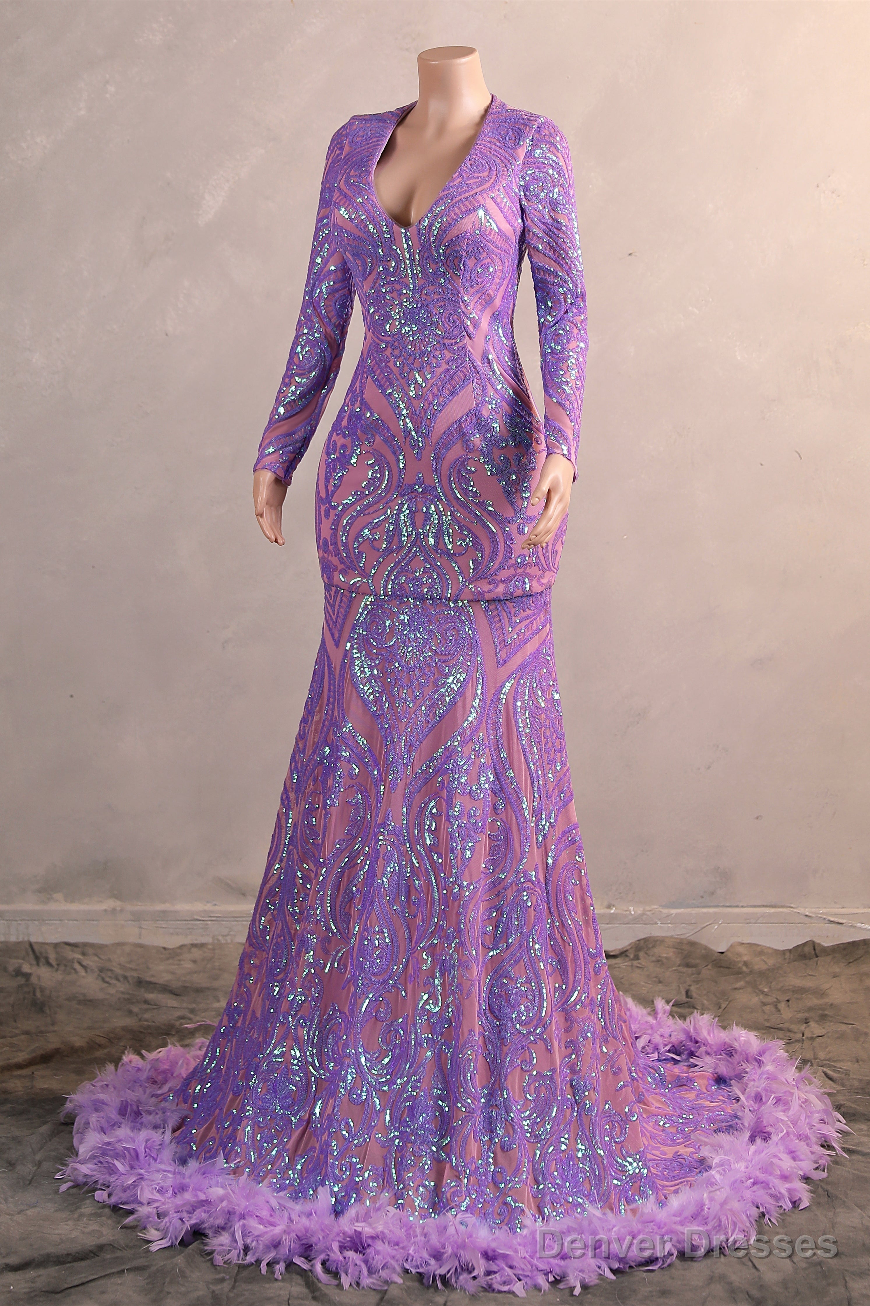 Long Sleeve Purple Prom Dresses for Teens Black Girls Luxury Feather Hem Plus Size Evening Gown Womens Sequin Party Dress Secondary image
