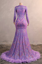 Long Sleeve Purple Prom Dresses for Teens Black Girls Luxury Feather Hem Plus Size Evening Gown Womens Sequin Party Dress
