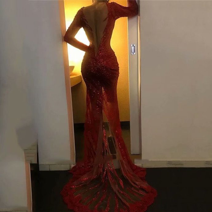 Long Sleeve Red Evening Dress, Sexy Long Prom Dress Secondary image