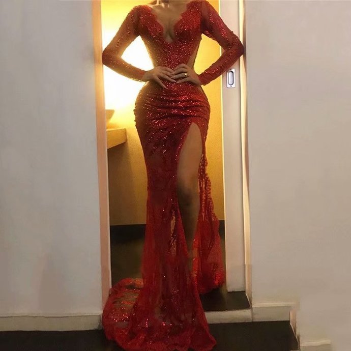 Long Sleeve Red Evening Dress, Sexy Long Prom Dress Main image