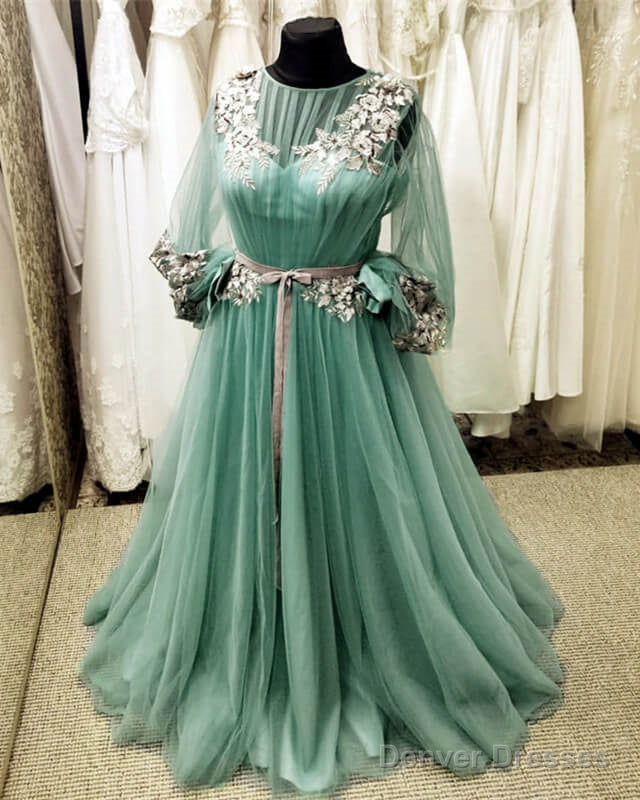 Long Sleeve Sage Green Tulle Dress With Lace Embroidery Main image