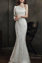 Long Sleeve Sequin Champagne Prom Dress