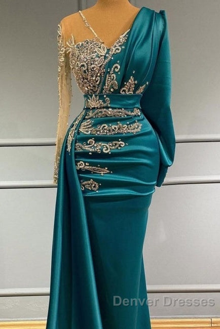 Long Sleeve Sheer Beading Ruched Satin Green Trumpet Mermaid Prom Dress Secondary image