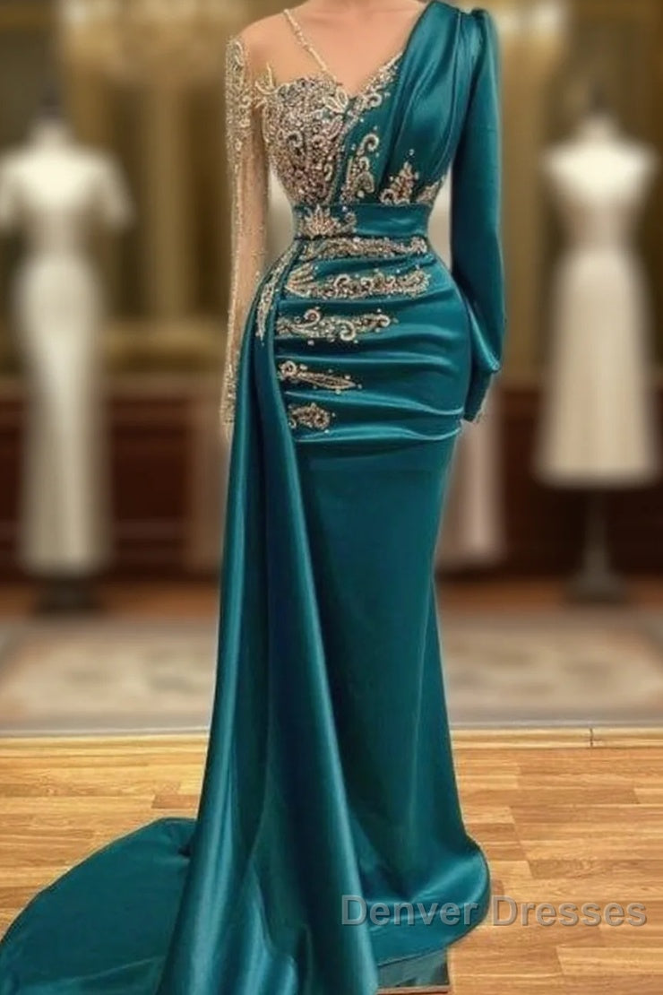 Long Sleeve Sheer Beading Ruched Satin Green Trumpet Mermaid Prom Dress Main image