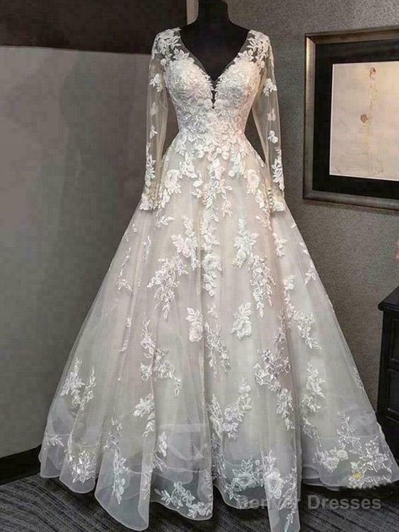 Long Sleeve V Neck A Line Wedding Dresses Backless Lace Appliques Bridal Gowns Prom Dress Main image