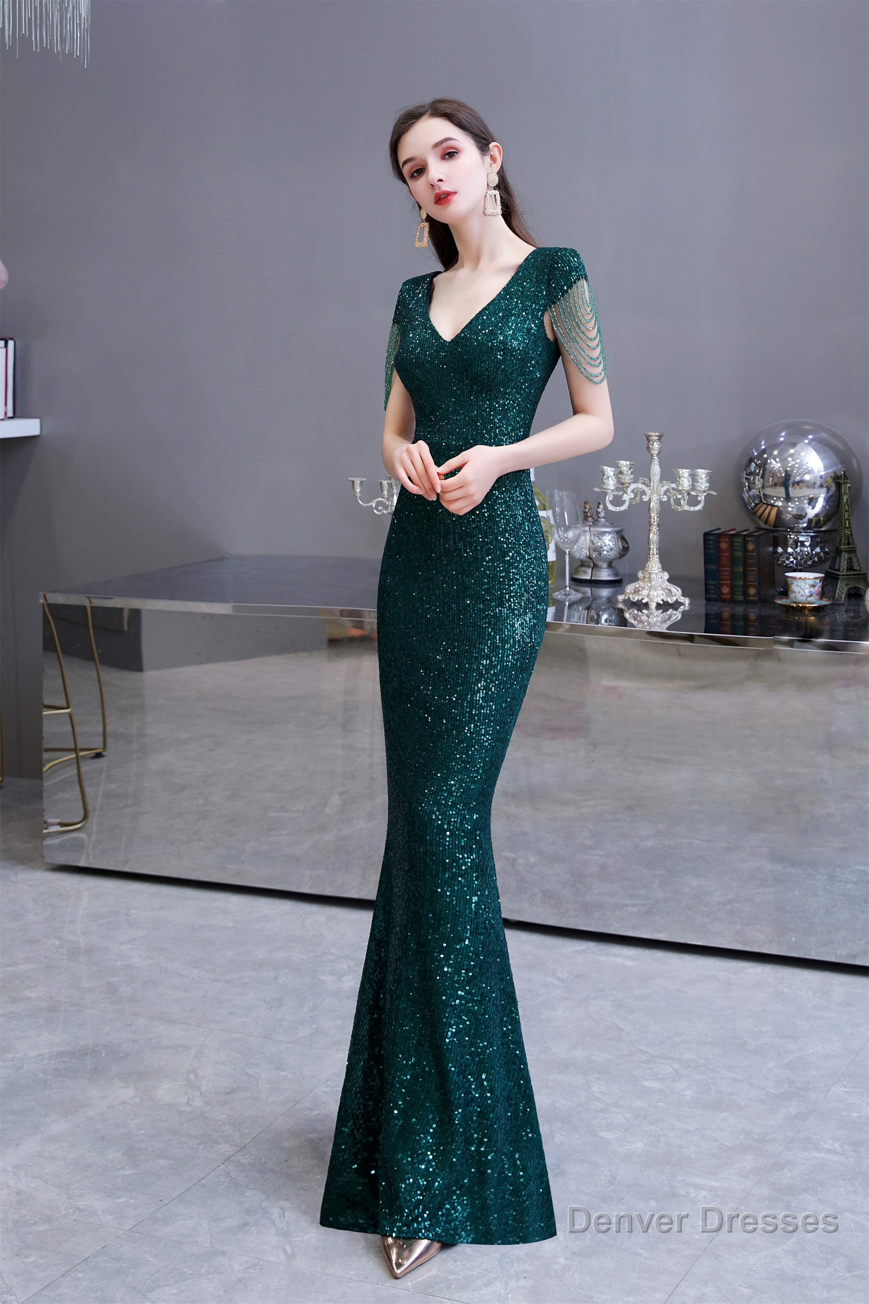 Long Sleeve V Neck Lace Prom Dresses Thin Cap Sleeve Secondary image