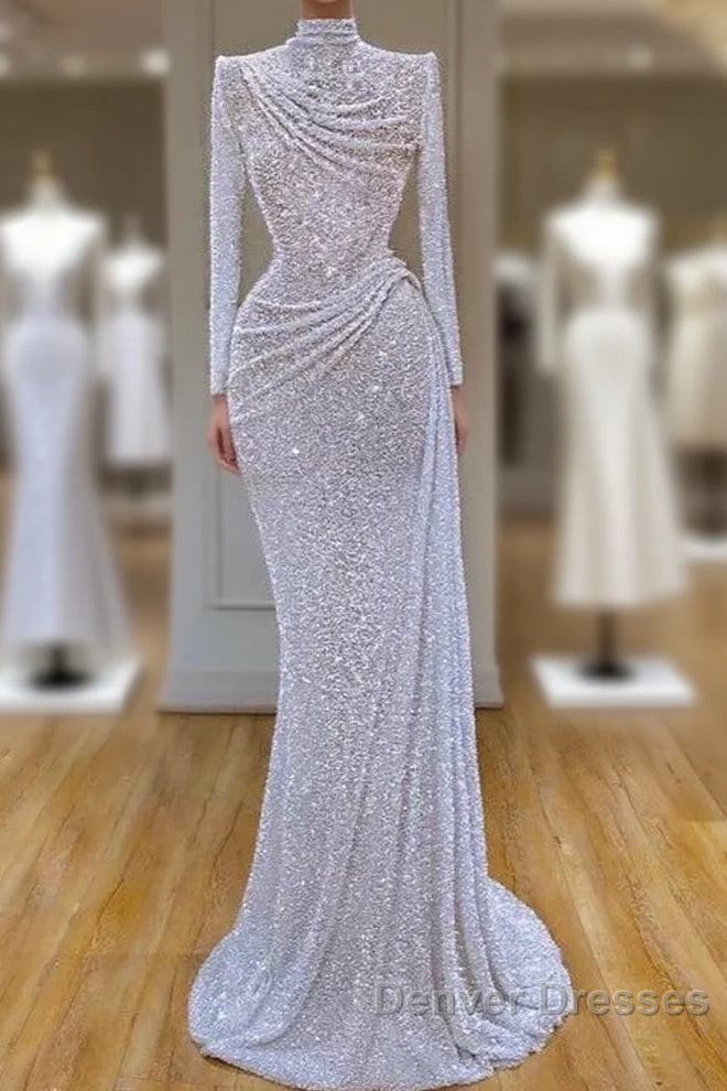 Long Sleeve White Sequin Pleated Long Prom Dress