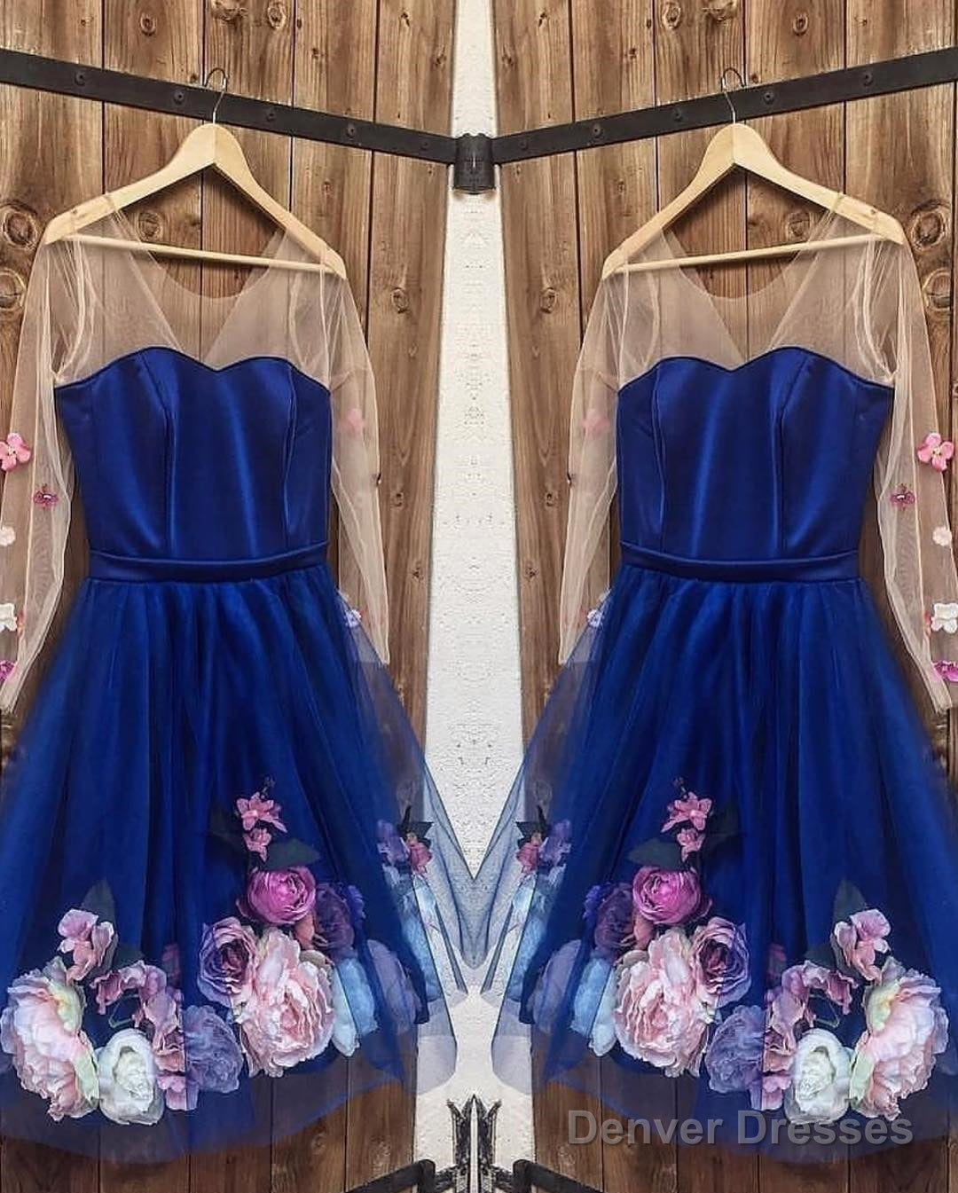Long Sleeves 3D Floral Short Blue Prom Dresses, Short Blue Formal Graduation Homecoming Dresses