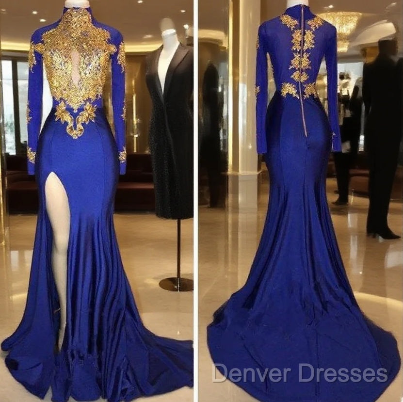 Long Sleeves Blue Gold Prom Dress Side Slit Evening Gowns