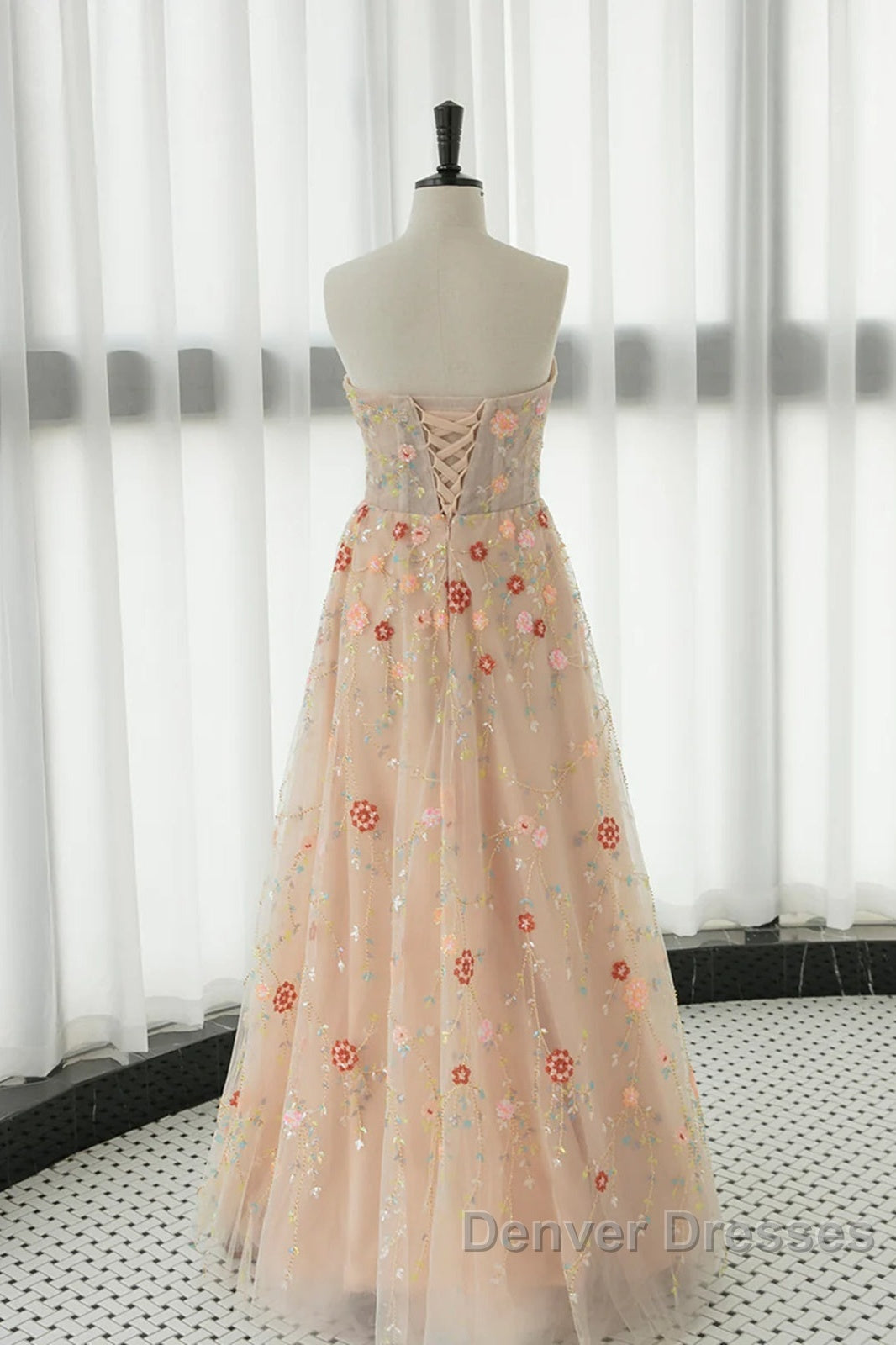 Long Sleeves Champagne Lace Floral Long Prom Dress, Long Sleeves Champagne Lace Floral Formal Evening Dress Secondary image