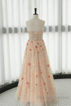 Long Sleeves Champagne Lace Floral Long Prom Dress, Long Sleeves Champagne Lace Floral Formal Evening Dress