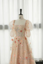 Long Sleeves Champagne Lace Floral Long Prom Dress, Long Sleeves Champagne Lace Floral Formal Evening Dress