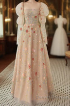 Long Sleeves Champagne Lace Floral Long Prom Dress, Long Sleeves Champagne Lace Floral Formal Evening Dress