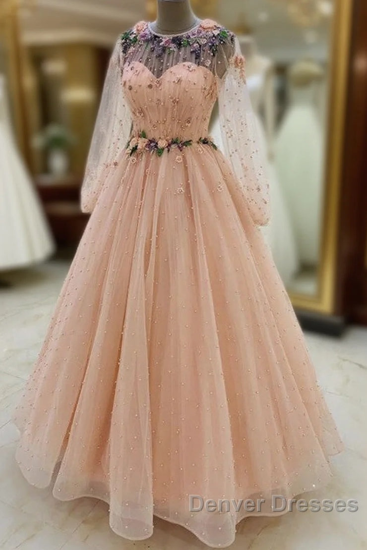 Long Sleeves Evening Dress Tulle Flowers Beaded Main image
