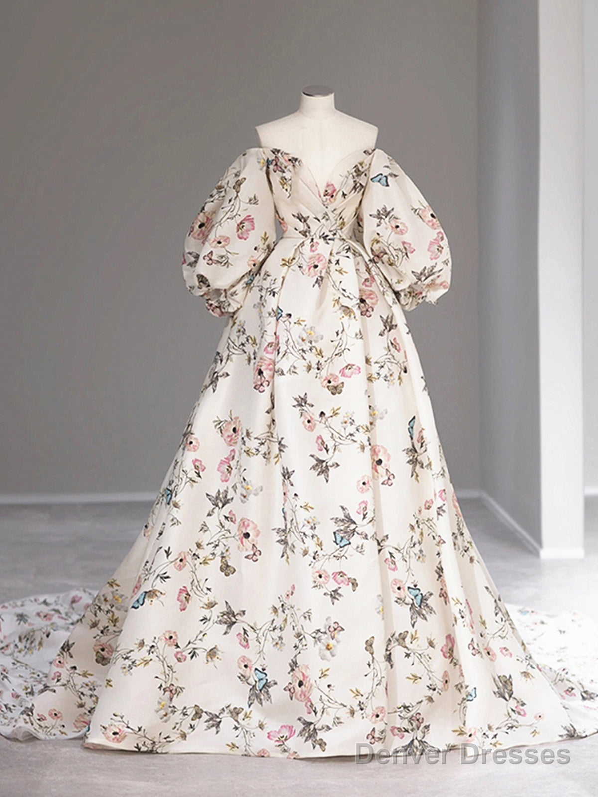 Long Sleeves Floral Long Prom Dresses, Long Sleeves Formal Evening Dresses