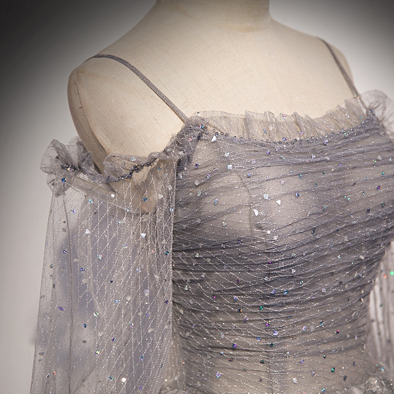 Grey Shiny Elegant Long Sleeves Long Tulle Prom Dress Formal Dress Evening Gown Graduation Dress