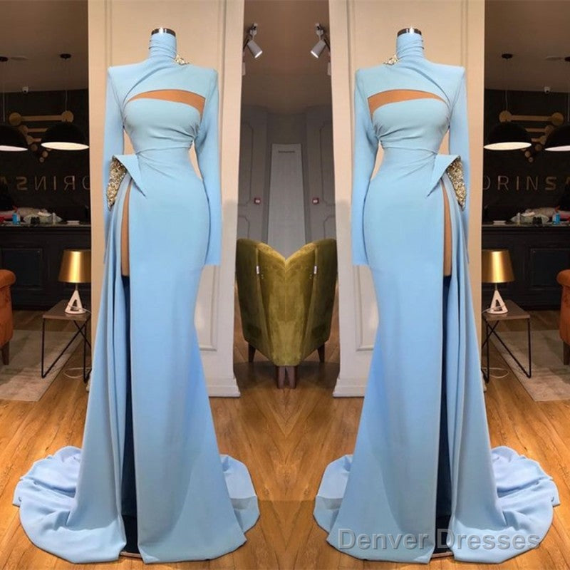 Long Sleeves High Neck Mermaid Prom Dress Long With Slit
