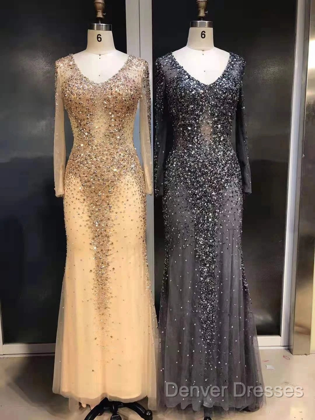 Long Sleeves Mermaid Crystals Prom Dress Bling Bling Evening Gown