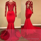 Long Sleeves Mermaid Lace Prom Dresses Red Sheer Tulle Evening Gown