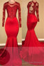 Long Sleeves Mermaid Lace Prom Dresses Red Sheer Tulle Evening Gown