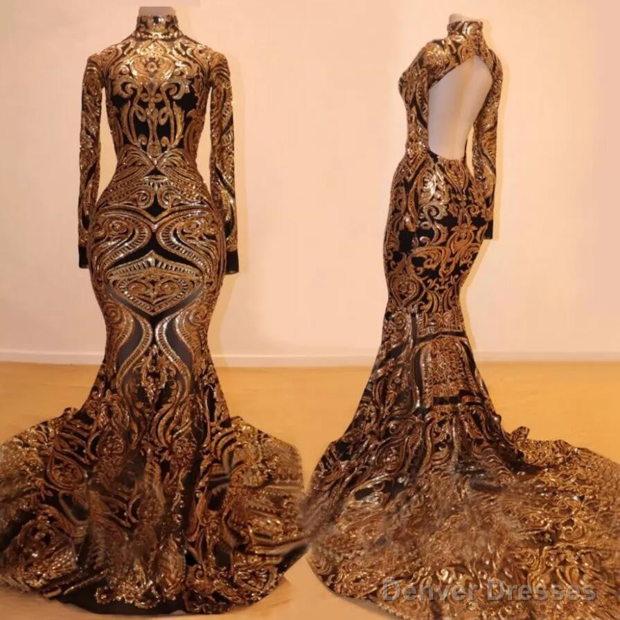 Long Sleeves Mermaid Prom Dress Gold Appliques Open Back Secondary image