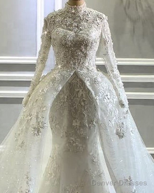 Long Sleeves Mermaid Wedding Dresses Lace High Neck