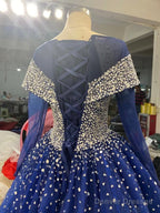 Long Sleeves Navy Blue Wedding Dresses Crystals Sequined Ball Gown Quince Dresses
