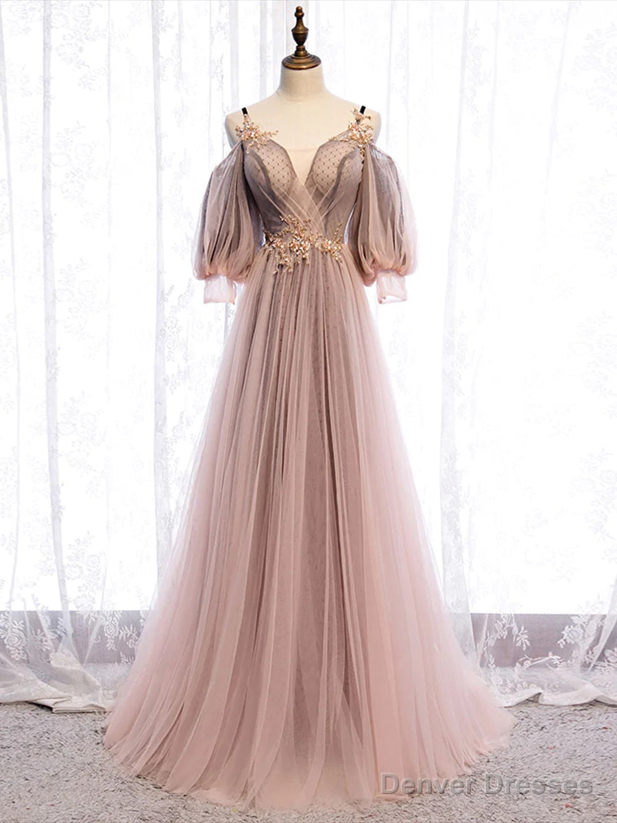 Long Sleeves Pink Tulle Long Party Dress with Lace, Pink Floor Length Prom Dress Main image