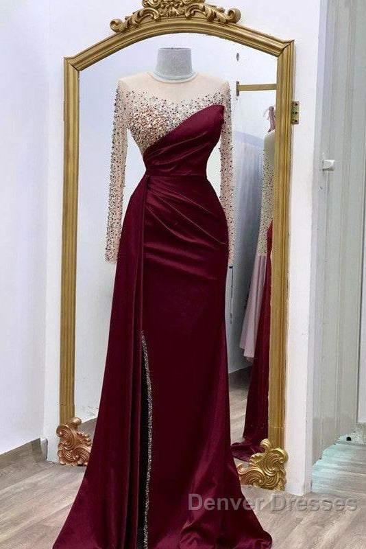 Long Sleeves Prom Dress Mermaid Satin Split