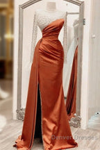 Long Sleeves Prom Dress Mermaid Satin Split