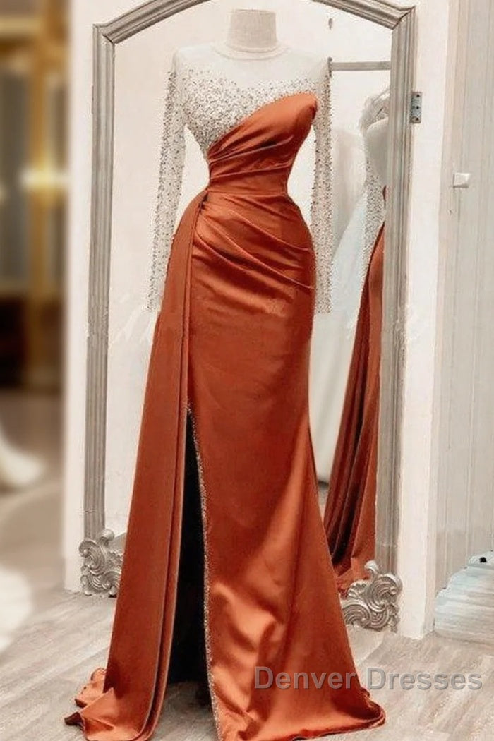 Long Sleeves Prom Dress Mermaid Satin Split