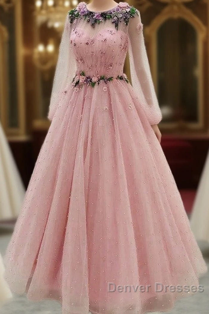 Long Sleeves Prom Dress Princess Tulle Beaded Main image