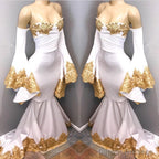 Long Sleeves Prom Party Gowns with gold appliques, mermaid evening dress