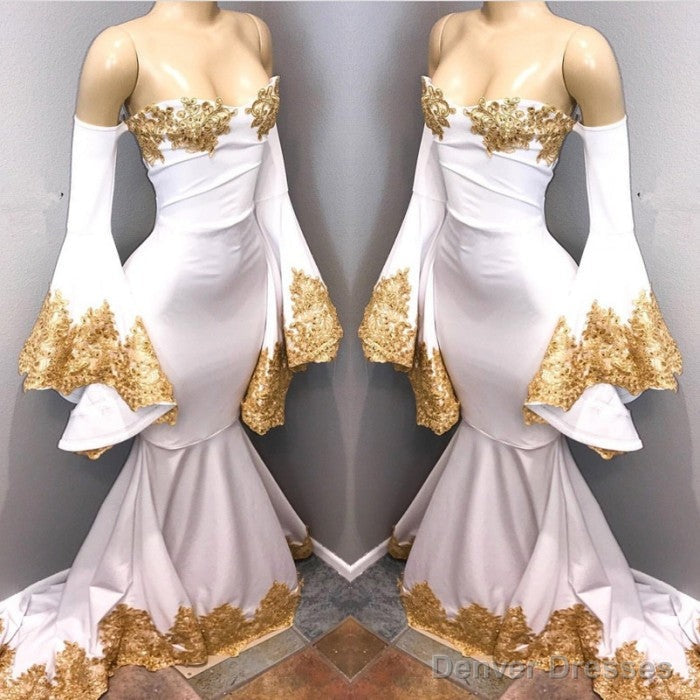 Long Sleeves Prom Party Gowns with gold appliques, mermaid evening dress