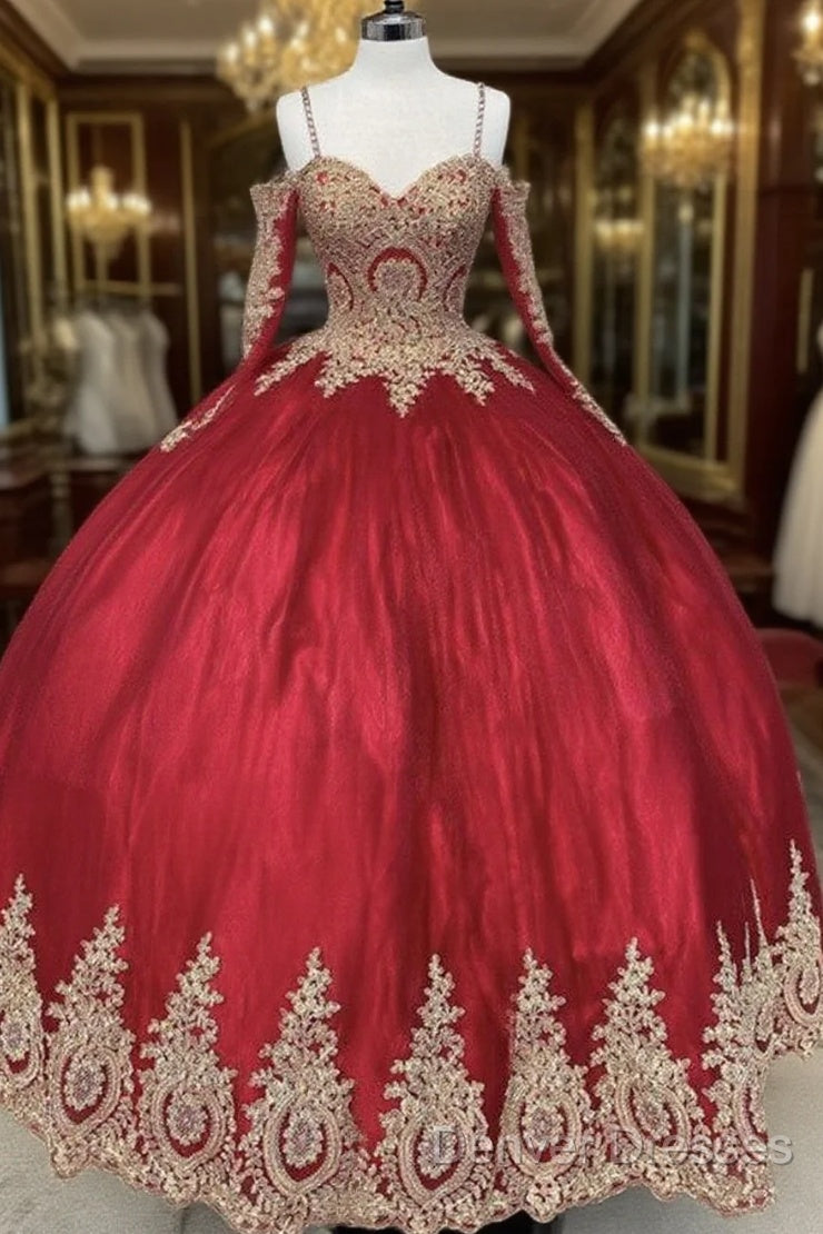Long Sleeves Quinceanera Dress Gold Lace Appliques Off Shoulder