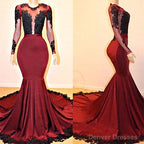 Long Sleeves Round Collar Mermaid Prom Dress Red Sequins Long Chiffon